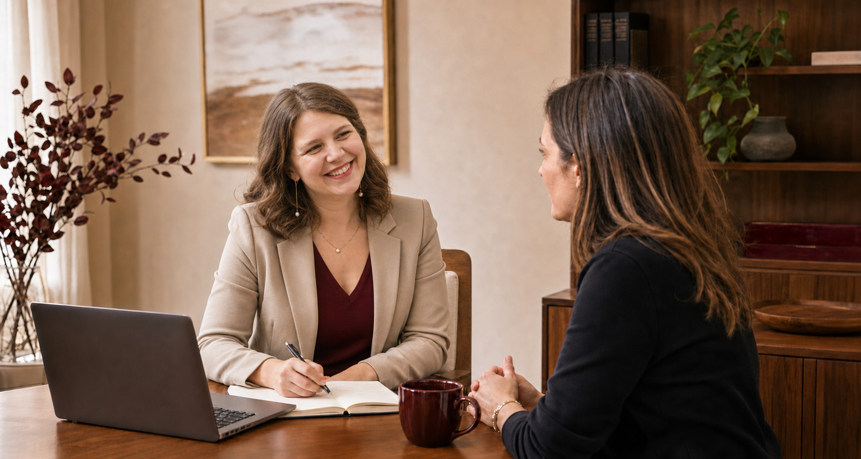 Two women in a warm career coaching conversation