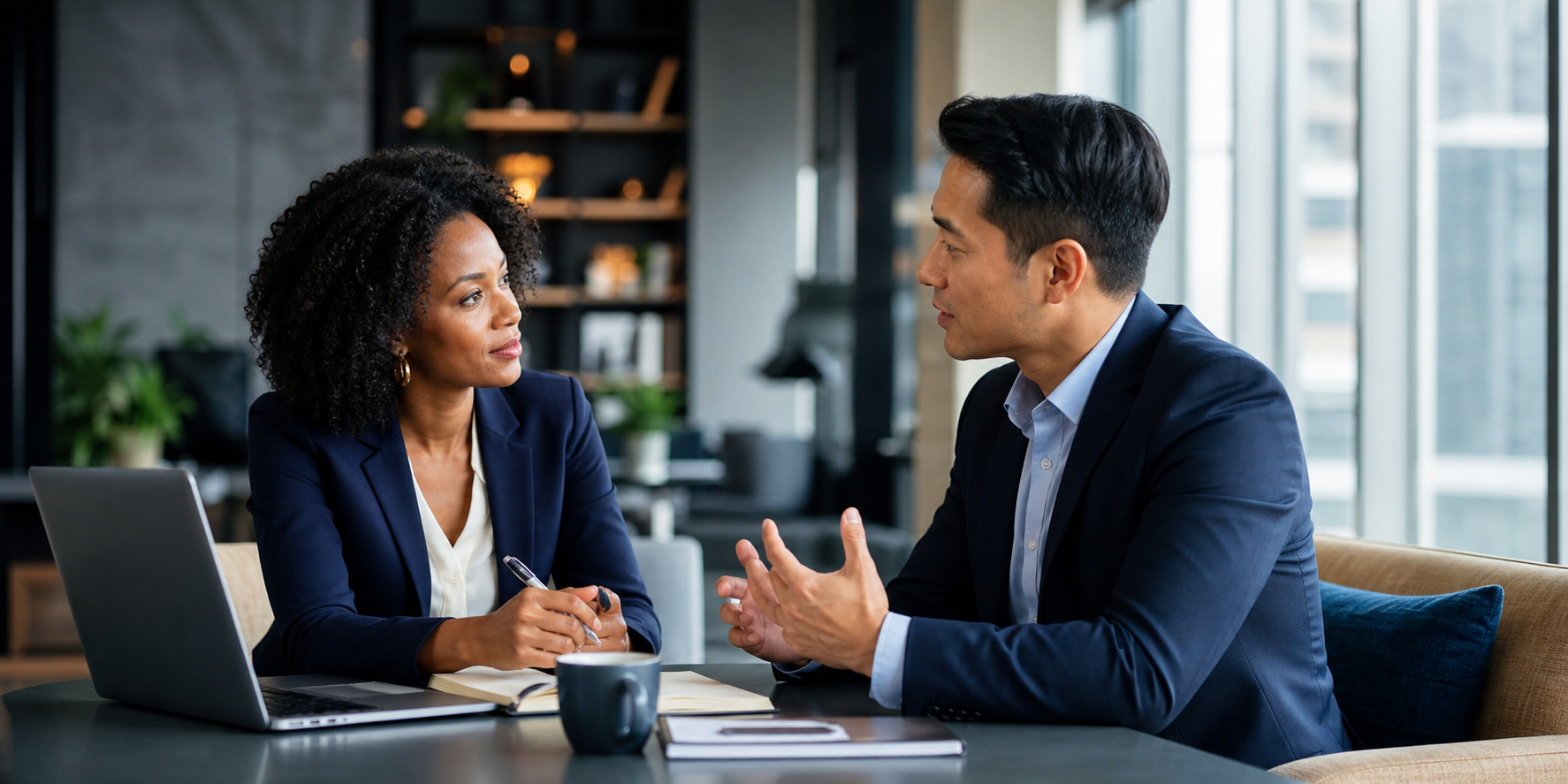 Two professionals in a focused career coaching conversation